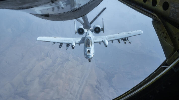 A US Air Force A-10 Thunderbolt II receives fuel from a KC-135 Stratotanker near the Strait of Hormuz, July 21, 2023.