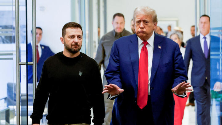 Republican presidential nominee Donald Trump (R) and Ukraine's President Volodymyr Zelenskyy meet at Trump Tower in New York City, US on September 27, 2024.