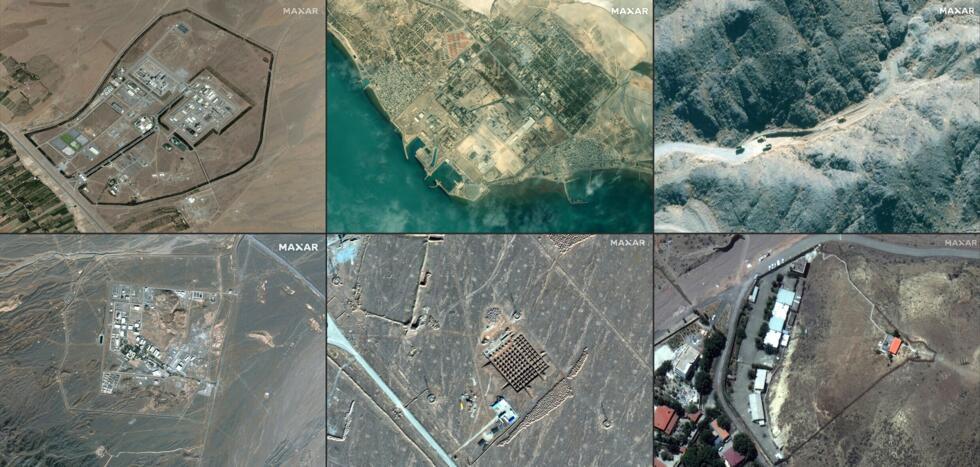 Montage d'mages satellites diffuséess par Maxar Technologies montrant le réacteur nucléaire d'Arak (haut gauche) le 27 juin 2020, la centrale nucléaire de Bouchehr (haut milieu) le 30 août 2020, l'ins