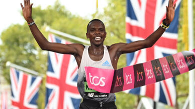 Joy of victory: Kenya's Amos Kipruto breaks the tape to win the men's London Marathon