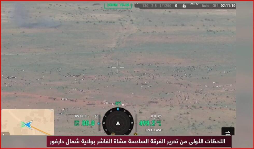 This video, shared on October 26, 2025, by the RSF, was taken from a drone filming civilians escaping the El-Fasher area in Sudan.