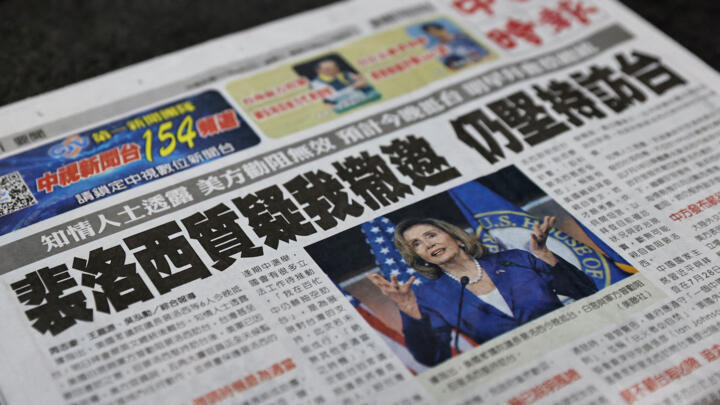A newspaper front page reporting about US House of Representatives Speaker Nancy Pelosi is pictured in Taipei, Taiwan on August 2, 2022.
