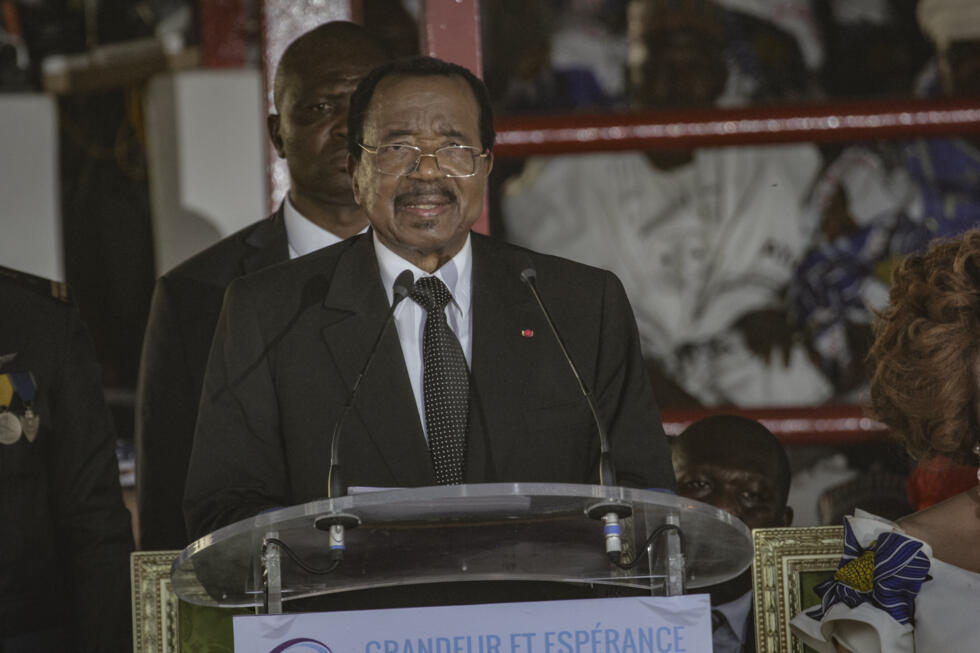 Le président sortant du Cameroun, Paul Biya, s'adresse à un rassemblement de campagne à Maroua, le 7 octobre 2025