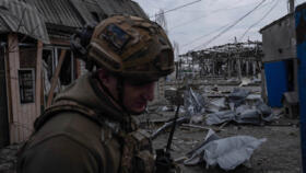 A soldier walks in Pokrovsk, the site of heavy battles with Russian troops, Donetsk region, Ukraine, March 13, 2025. 