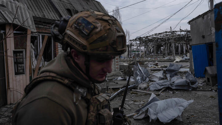 A soldier walks in Pokrovsk, the site of heavy battles with Russian troops, Donetsk region, Ukraine, March 13, 2025. 