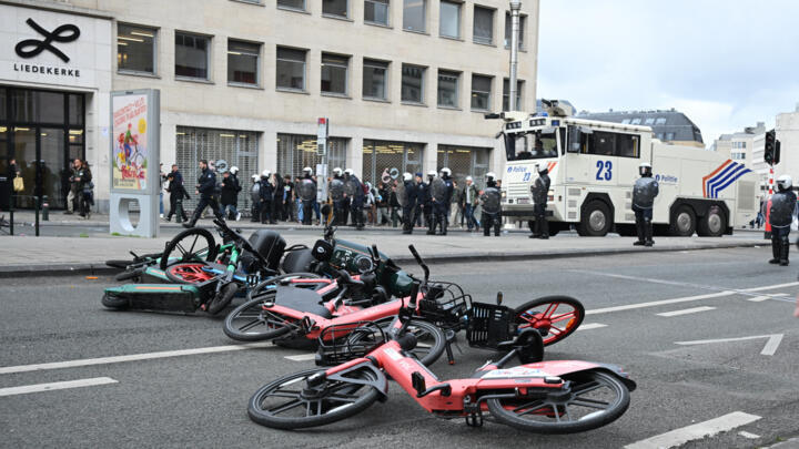 File photo of bikes and scooters used as a roadblock during a general strike in Brussels taken October 14, 2025.
