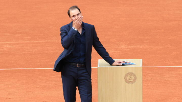 Rafael Nadal is overcome with emotion during his tribute ceremony at the French Open in Paris, France, on May 25, 2025.