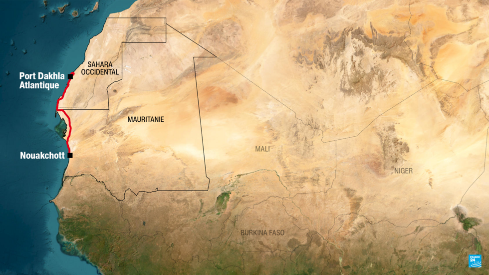 Tracé du corridor commercial reliant le port de Dakhla à Nouakchott, qui doit être prolongé vers les pays enclavés du Sahel.