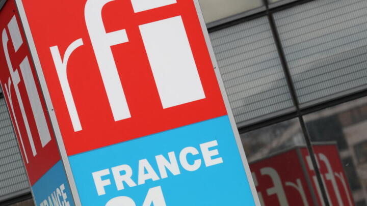 This file photo shows the logos of live news channel FRANCE 24 and Radio France Internationale (RFI) in Issy-les-Moulineaux, near Paris.