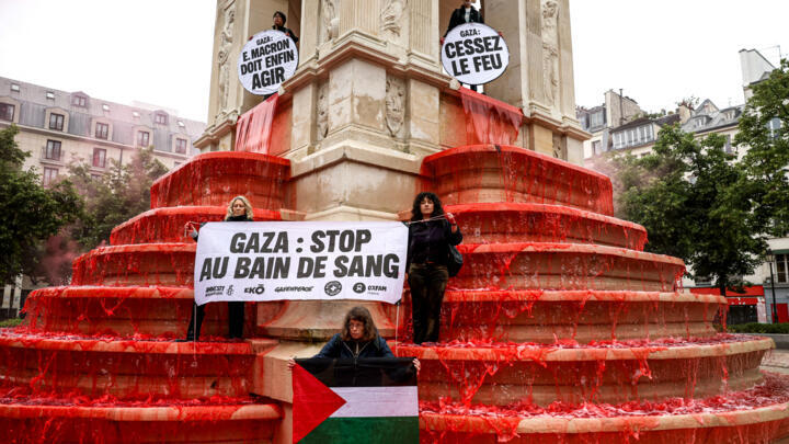 Protesters hold a Palestinian flag and placards reading '"Gaza: Emmanuel Macron must act" and "Gaza: Stop the bloodshed" in Paris, May 28, 2025.