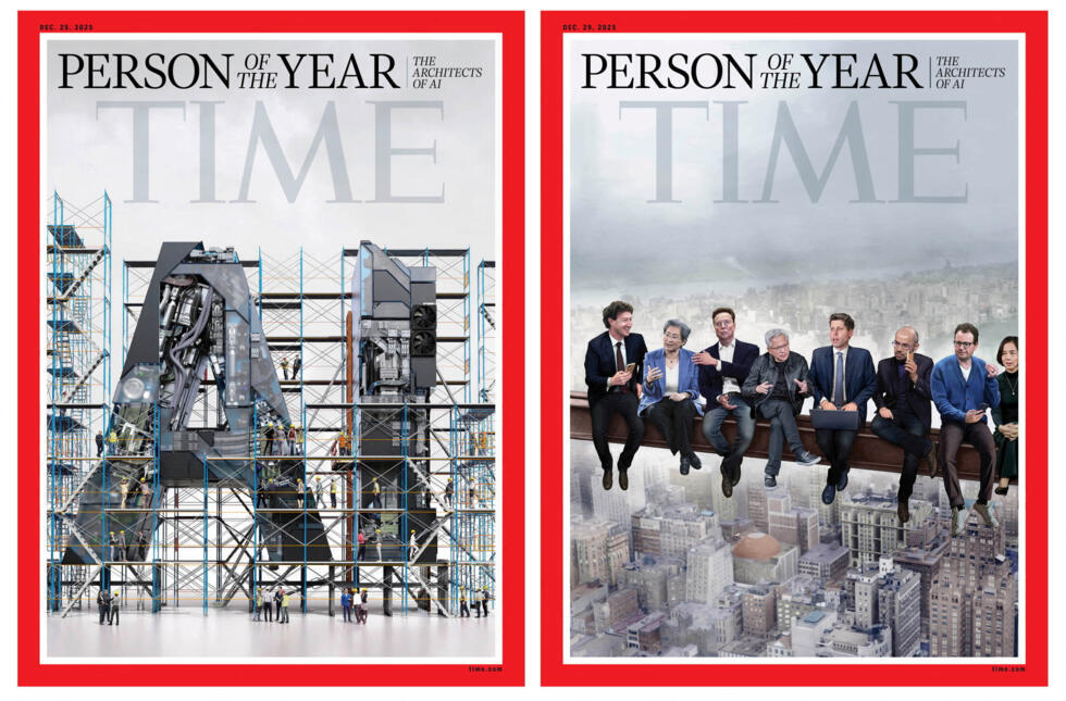 Les "Architectes de l'IA" désignés personnalité de l'année 2025 par le magazine américain Time, sur cette double couverture parue cette semaine
