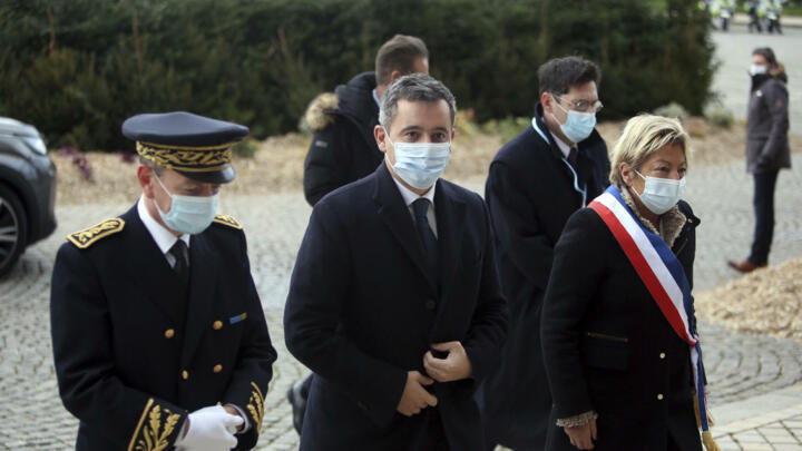 Interior Minister Gerald Darmanin, centre, arrives for a meeting with European migration officials, in Calais, northern France, November 28, 2021.