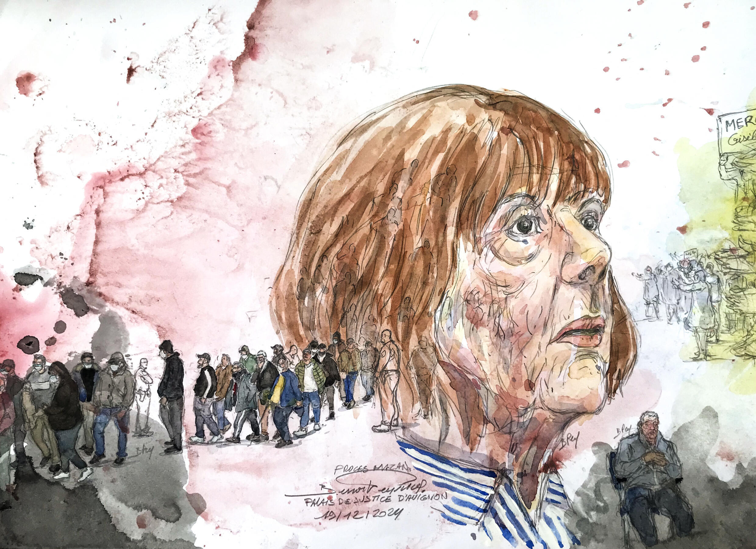 Dessin d'audience, avec Gisèle Pelicot, le jour du verdict du procès des viols de Mazan, à la cour criminelle du Vaucluse, le 19 décembre 2024.