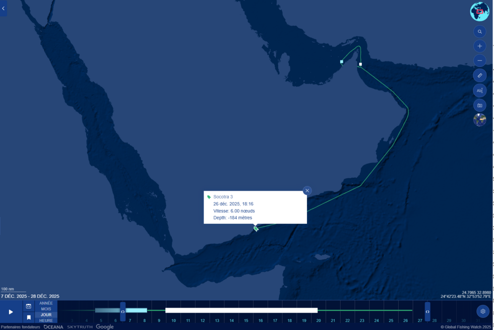 This screenshot from the Global Fishing Watch website shows the route of the Socotra 3. Much like the Greenland, the vessel first made port calls in Jebel Ali and Fujairah in the United Arab Emirates before proceeding to the Yemeni port of Mukalla, where it arrived on December 26.