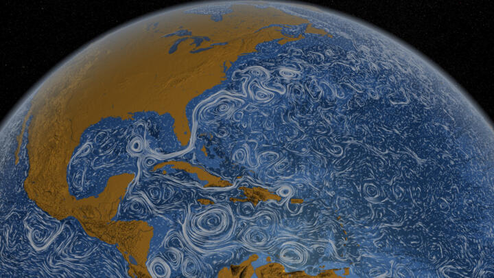 A still image showing the Gulf Stream around North America taken from Perpetual Ocean, a visualization of some of the world's surface ocean currents from June 2005 through December 2007, supplied in this handout by NASA on March 27, 2012. 