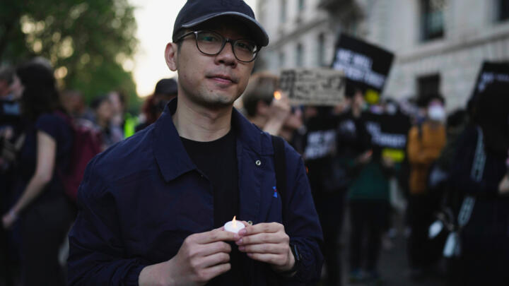 This file photo shows Hong Kong activist Nathan Law outside the Chinese Embassy in London, on June 4, 2023.