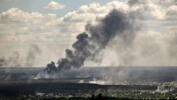Smoke rises after a bombing in the city of Severodonetsk in the Donbas region of eastern Ukraine on June 7, 2022.