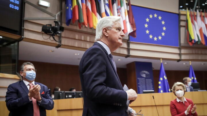 The EU's Brexit negotiator Michel Barnier attends a plenary session at the European Parliament in Brussels on April 27, 2021.