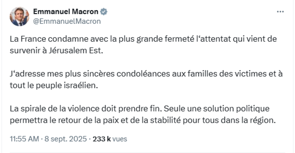 Le président Emmanuel Macron a a condamné "avec la plus grande fermeté" l'attentat meurtrier qui s'est déroulé, le 8 septembre 2025, à Jérusalem-Est.