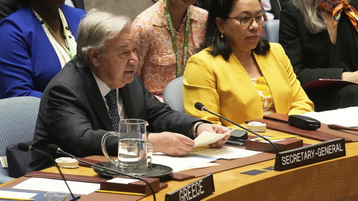UN Secretary General Antonio Guterres addresses a United Nations Security Council meeting, Friday, June 20, 2025.