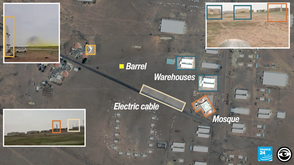 In both the video showing a yellow cloud (left, top and bottom) and the two videos showing a yellow and green barrel lying on sand (right), features can be matched with satellite images of the Garri base. These include distinctively shaped warehouses, a mosque and its minaret, and a power line.