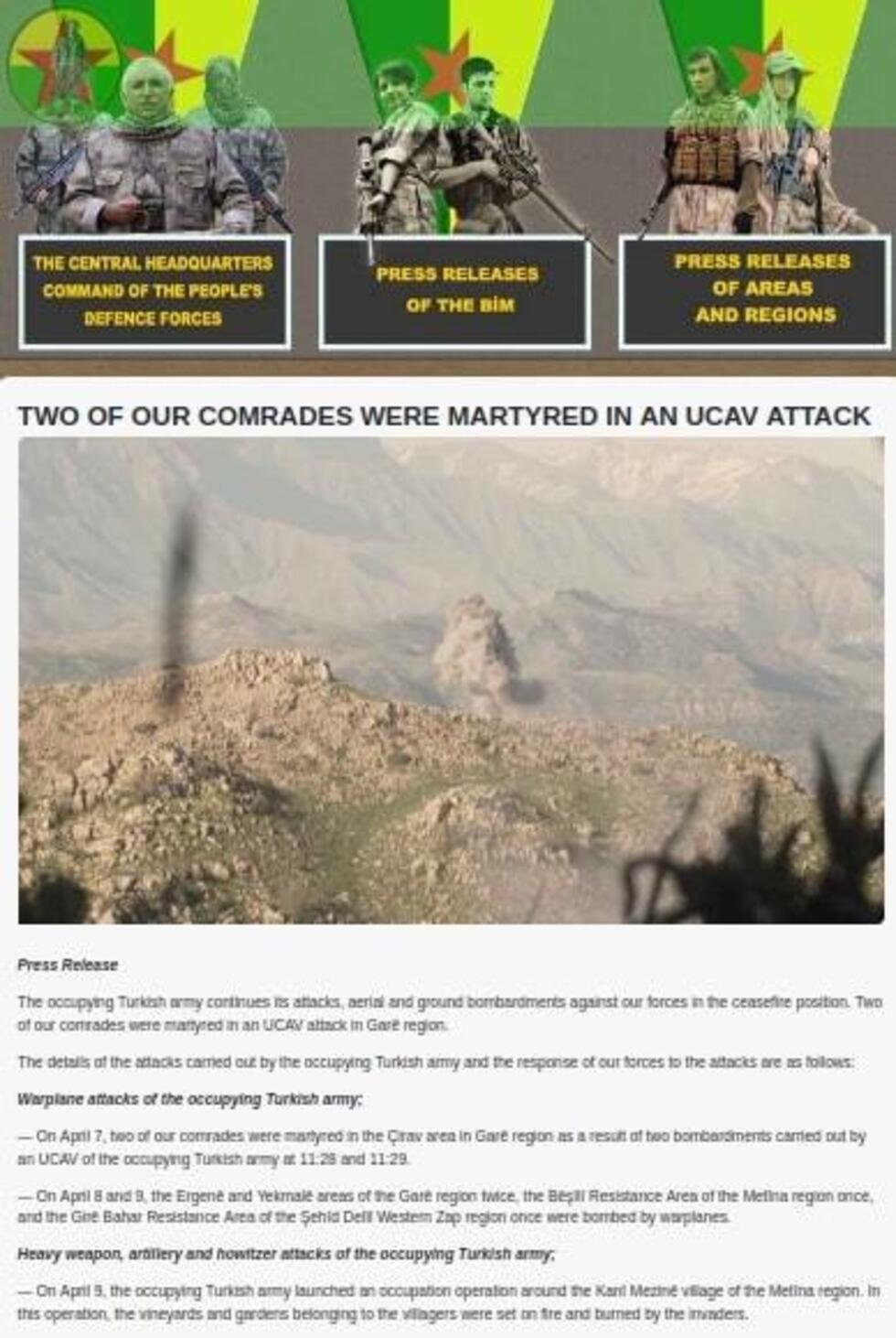 Dans ce communiqué publié le 12 avril, les HPG reconnaissent la mort de deux de leurs membres après les bombardements turcs.