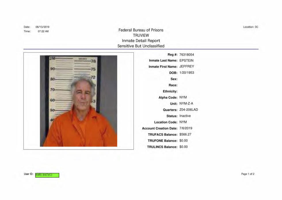 Esta foto muestra una página de más de 4.000 páginas de documentos que Associated Press obtuvo el jueves 1 de junio de 2023, relacionados con el suicidio de Jeffrey Epstein en prisión, de la Oficina Federal de Prisiones, en virtud de la Ley de Libertad de Información.