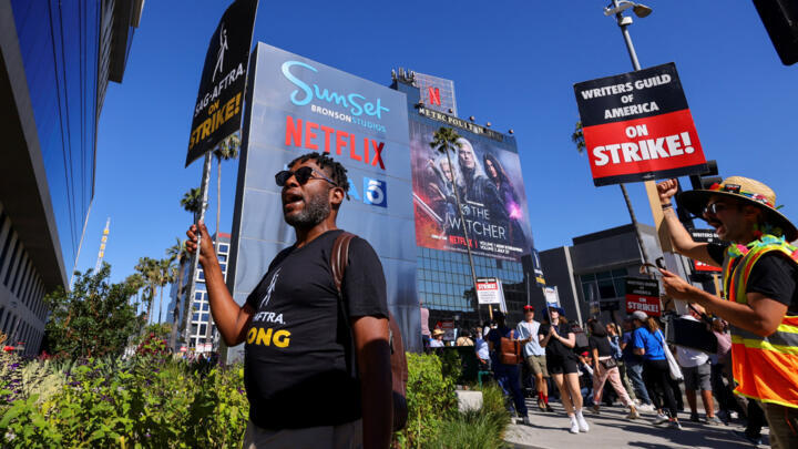 SAG-AFTRA actors strike against the Hollywood studios as they join the Writers Guild of America (WGA) on the picket line outside of Netflix offices in Los Angeles, California, July 14, 2023.