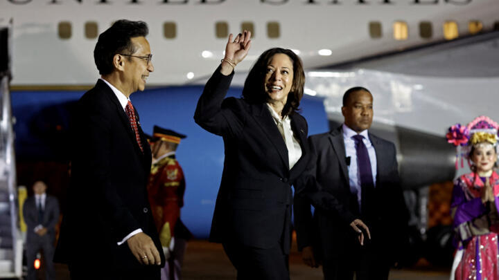 US Vice President Kamala Harris (C) is representing the United States at the summits in southeast Asia.