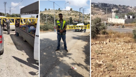 From left to right: Residents of Ras Karkar unload food supplies at the village entrance; Hatem Nofal stands before his village entrance; an Israeli army garrison near the village.