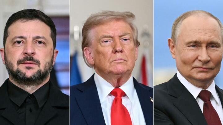 US President Donald Trump and Ukrainian President Volodymyr Zelensky in Washington, DC, on August 18, 2025 and Russian President Vladimir Putin in Anchorage, Alaska, on August 15, 2025.