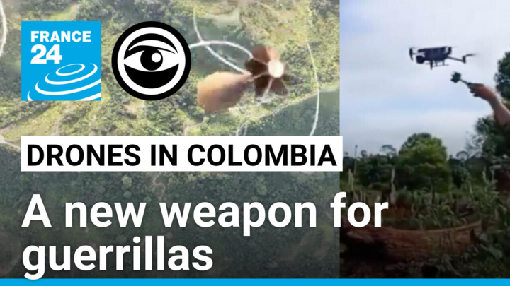 In Colombia, drones are regularly used to drop projectiles. These are screenshots from videos posted in March 2025 (left) and late 2024 (right).