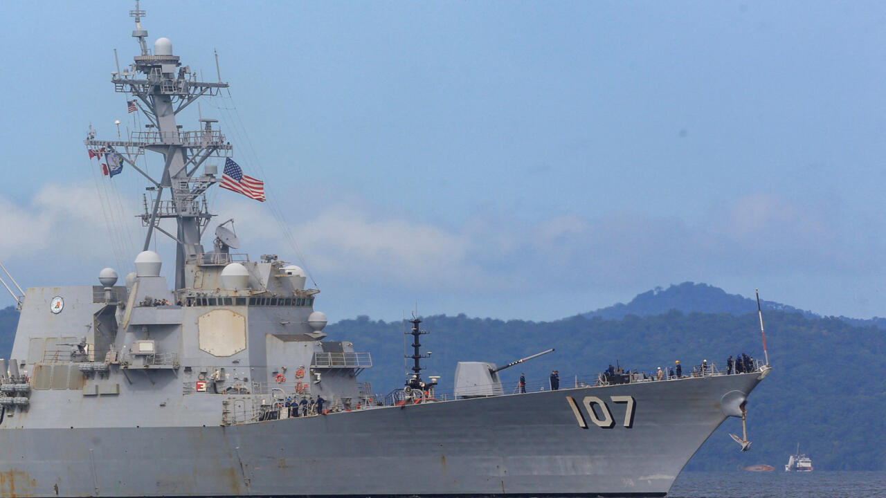The U.S. Navy destroyer USS Gravely (DDG-107)  as seen from Port of Spain, Trinidad and Tobago, October 26, 2025. 