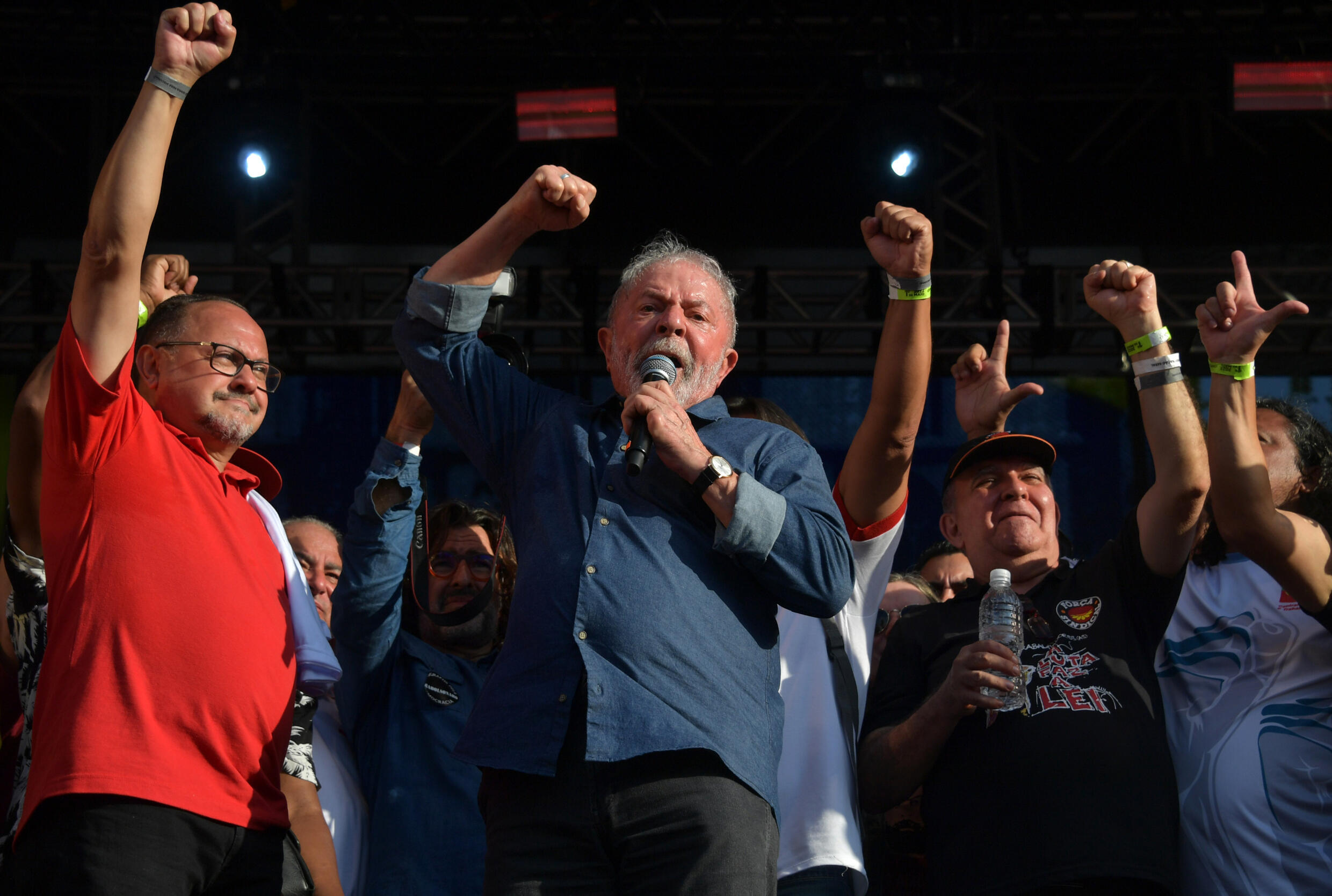 Former Brazilian President Luiz Inacio Lula da Silva delivers a speech during a demonstration on May 1, International Workers' Day, in Sao Paulo