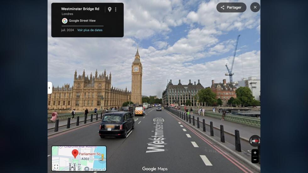 Big Ben et le Parlement britannique vus depuis le pont de Westminster. Google Maps.