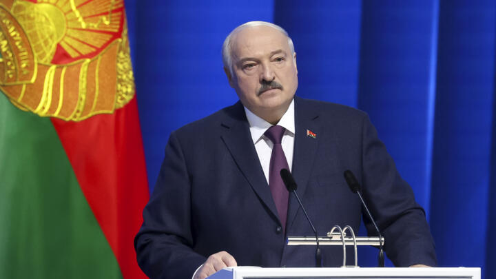 In this photo provided by the Belarusian Presidential Press Service, Belarusian President Alexander Lukashenko delivers a state-of-the nation address in Minsk, Belarus, Friday, March 31, 2023.