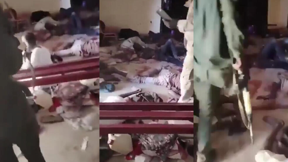 These are screengrabs of a video, blurred by FRANCE 24, that shows an unarmed man being executed in the halls of El-Fasher’s School of Medicine. (geocoordinates:13.62852, 25.32765).