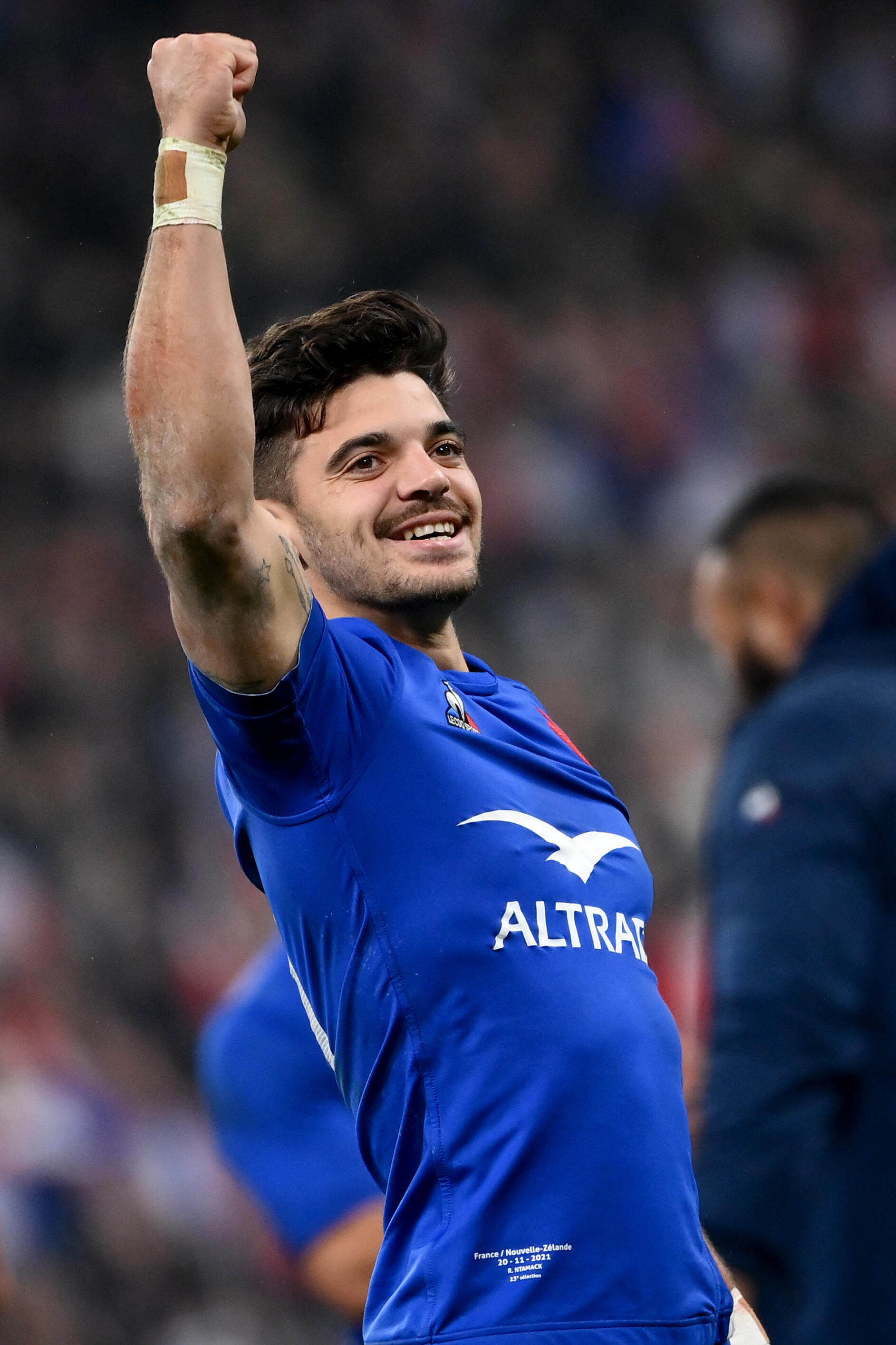 Romain Ntamack celebrates after the All Blacks win