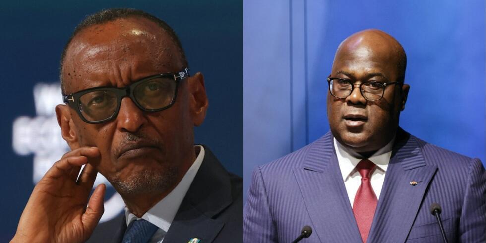 Le président rwandais Paul Kagame, à gauche, au Forum économique mondial à Riyad le 28 avril 2024 et le président de la République démocratique du Congo Félix Tshisekedi, à droite, à Paris, le 29 avri