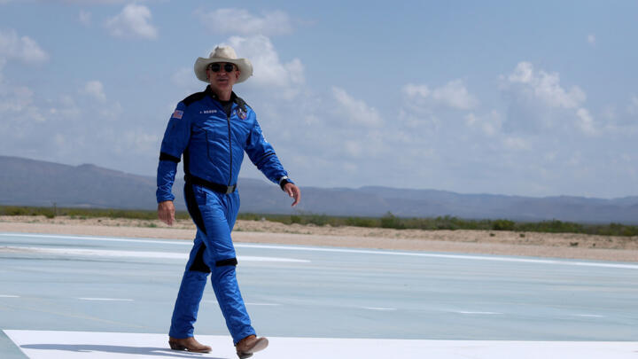 Jeff Bezos walks near Blue Origin's New Shepard after flying into space on July 20, 2021 in Van Horn, Texas