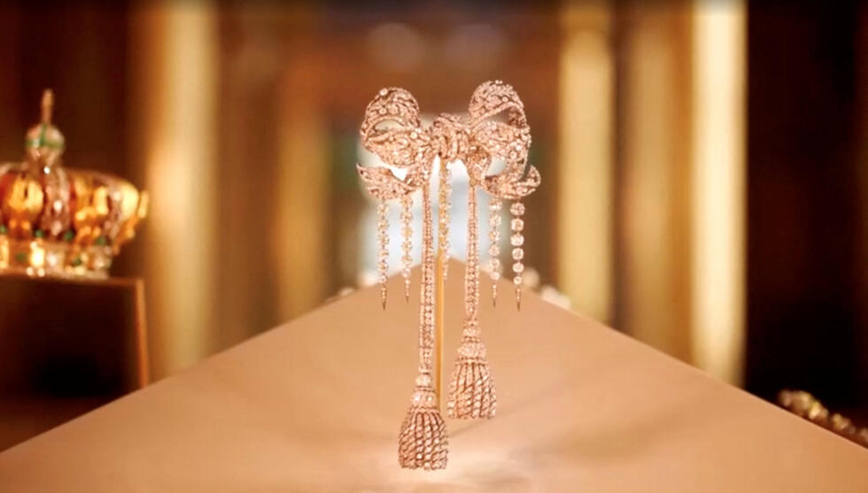 A jewel-encrusted brooch worn by French Empress Eugenie, which was among the items stolen by thieves during a heist at Paris's Louvre Museum on October 19, 2025.