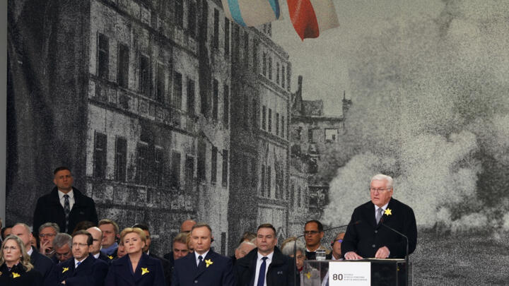 German President Frank-Walter Steinmeier (R) delivers a speech as the Israeli President's wife Michal Herzog (front row L), Israel's President Isaac Herzog (2ndL), Polish President Andrzej Duda (2nd R) and his wife Agata Kornhauser-Duda (2ndR) listen during the central commemoration ceremony of the 80th anniversary of the start of the Warsaw Jewish Ghetto Uprising, in Warsaw, Poland on April 19, 2023.