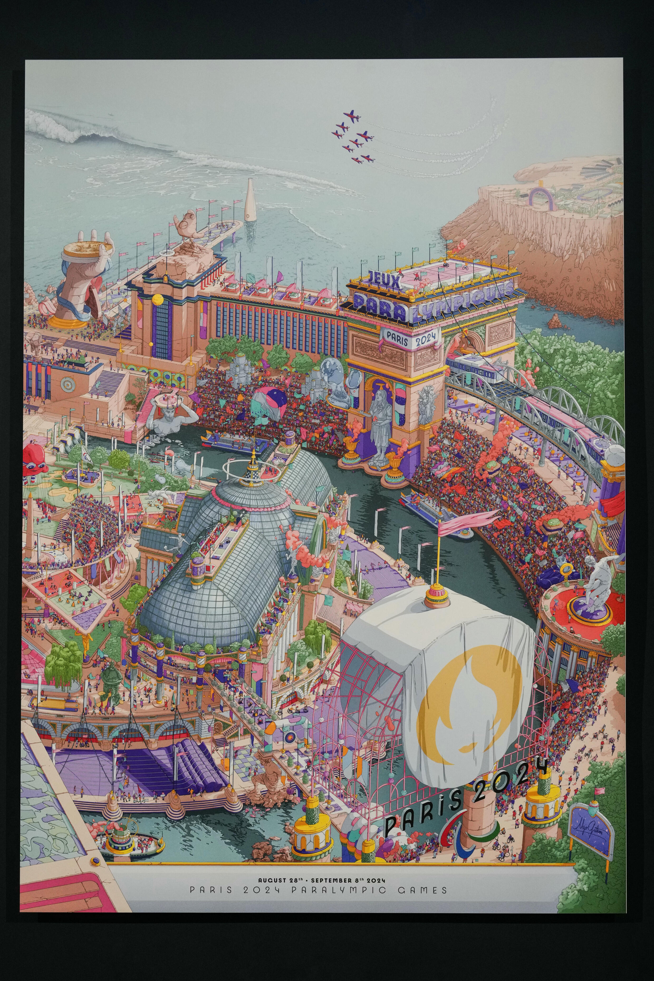 L'affiche officielle des Jeux olympiques et paralympiques de Paris, dévoilée le 4 mars 2024 au Musée d'Orsay, se présente sous la forme d'un dyptique