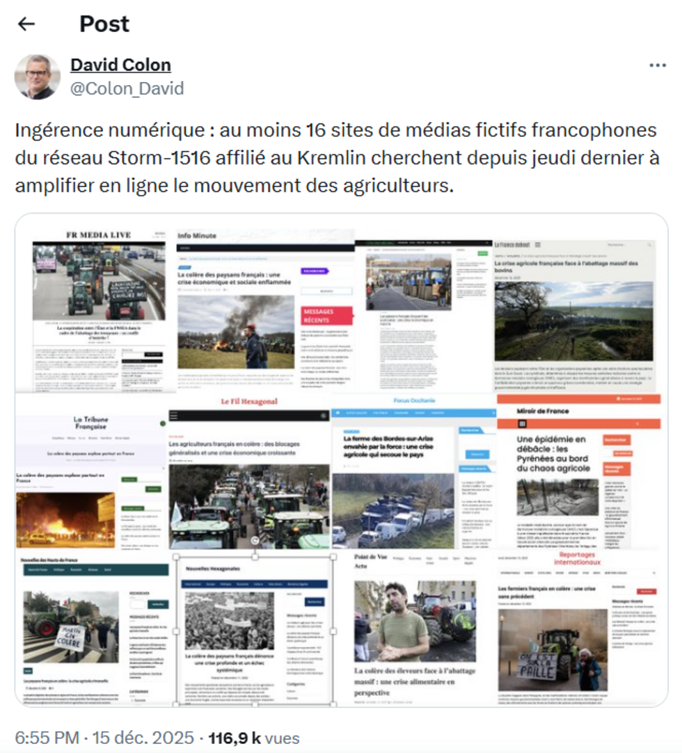 Tweet de David Colon, le 15 décembre 2025.