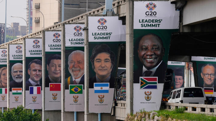 Banners of various G20 leaders are displayed along a Johannesburg freeway, in Johannesburg, South Africa, Thursday, Nov. 20, 2025.