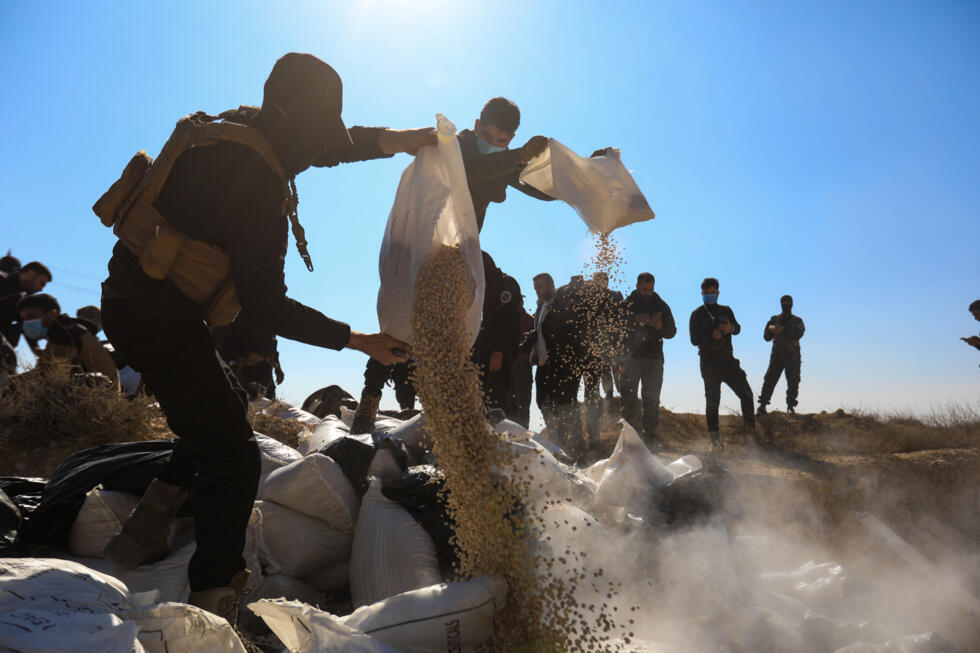 Les forces de sécurité des nouvelles autorités syriennes vident des sacs de captagon près du Bureau de la sécurité de la Quatrième division à la lisière de Damas, le 19 janvier 2025