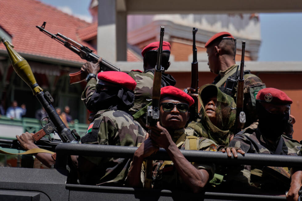 Soldiers loyal to coup leader Col. Michael Randrianirina guard the constitutional court in Antananarivo, Madagascar, October 17, 2025.