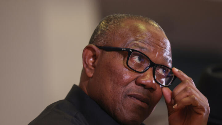 Nigerian Labour Party presidential candidate Peter Obi adjusts his glasses during a press briefing on the outcome of the 2023 Nigeria presidential and general election in Abuja on March 2, 2023.