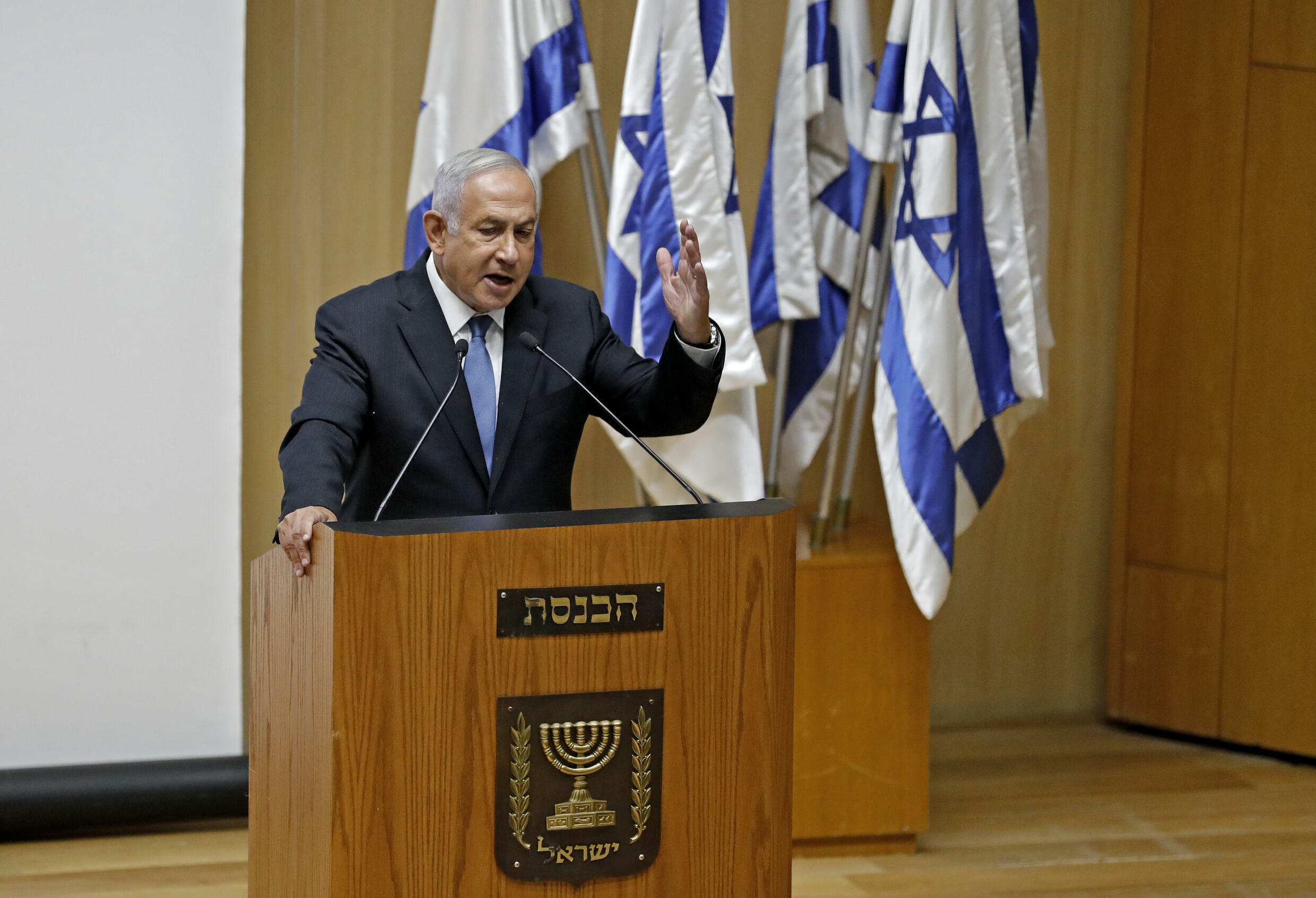 Former Israeli prime minister and current leader of the opposition Benjamin Netanyahu speaks at the Knesset, Israel's parliament, in Jerusalem on October 11, 2021