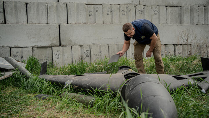 Dmytro Chubenko, spokesperson of the Kharkiv prosecutor, over a Russian Shahid drone shot down by Ukraine's air defense forces in Kharkiv, on April 30, 2025.
